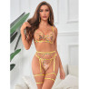 Subblime - 954352 Soutien-Gorge + String + Porte-Jarretelles Motif Floral Jaune L/Xl